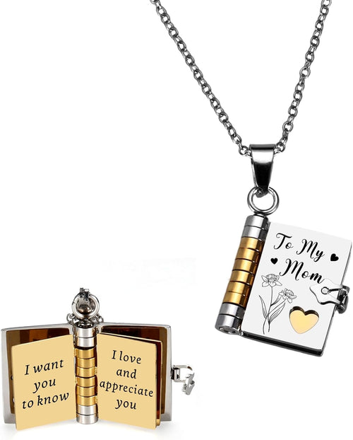 To My Mom Book Necklace - Mother'S Day Necklace Gifts from Daughter Son for Moms, Mommy Mothers Day Gifts from Daughter Son, Unique Birthday Christmas Valentines Day Gifts for Mother I Love You Mom