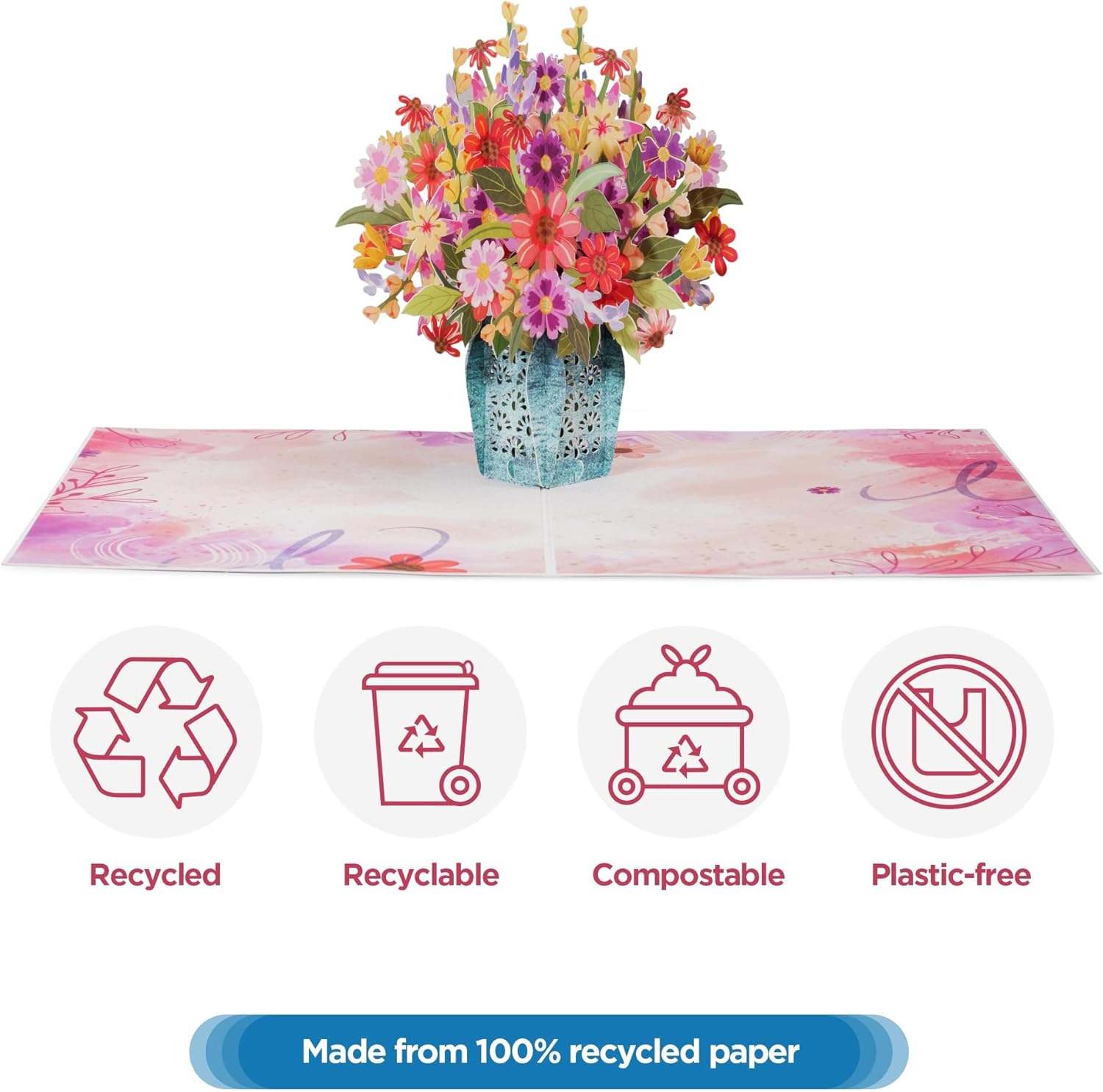 Frndly, 3D Charming Flower Bouquet Pop up Card, for All Occasion, Mothers Day, Thank You, Just Because -100% Recycled and Eco-Friendly, Handmade, 8" X 6" Cover - with Removable Note Tag