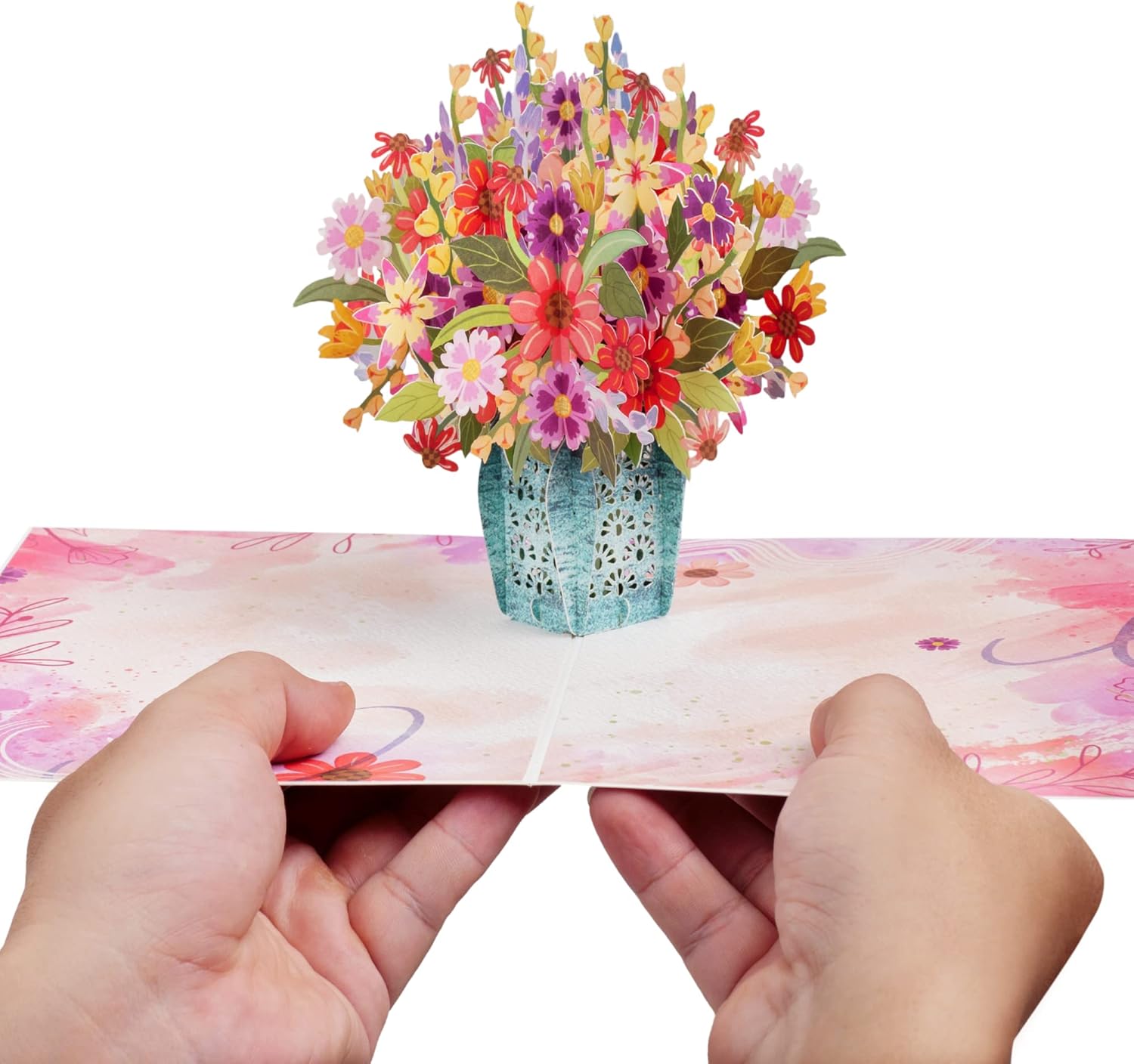Frndly, 3D Charming Flower Bouquet Pop up Card, for All Occasion, Mothers Day, Thank You, Just Because -100% Recycled and Eco-Friendly, Handmade, 8" X 6" Cover - with Removable Note Tag