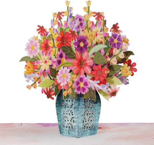 Frndly, 3D Charming Flower Bouquet Pop up Card, for All Occasion, Mothers Day, Thank You, Just Because -100% Recycled and Eco-Friendly, Handmade, 8" X 6" Cover - with Removable Note Tag